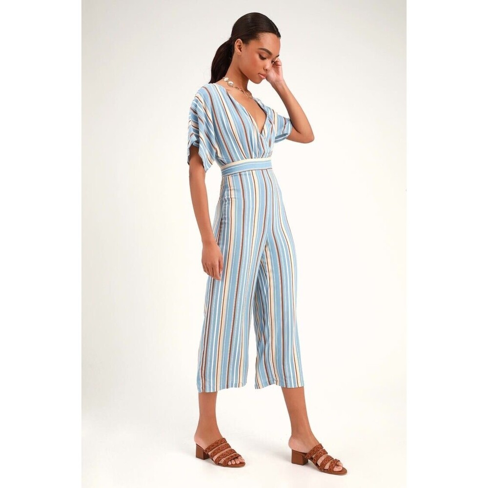 LULUS Vacation Bae Blue Brown Striped Short Sleeve Pantsuit Romper Size S